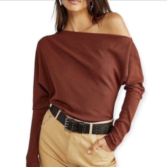 House of Harlow 1960 Women's Size S Brown Thermal Waffle Knit Off Shoulder Top - Picture 1 of 9